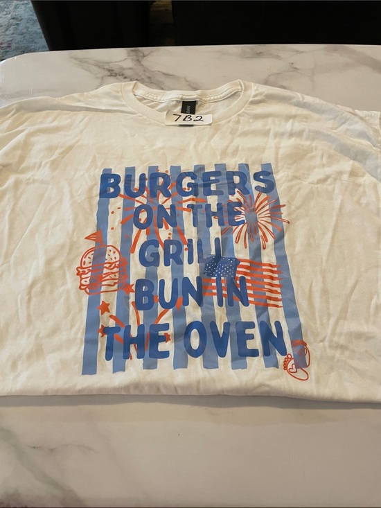 Tops - Patriotic Graphic Tee - Blue & Orange Text Print